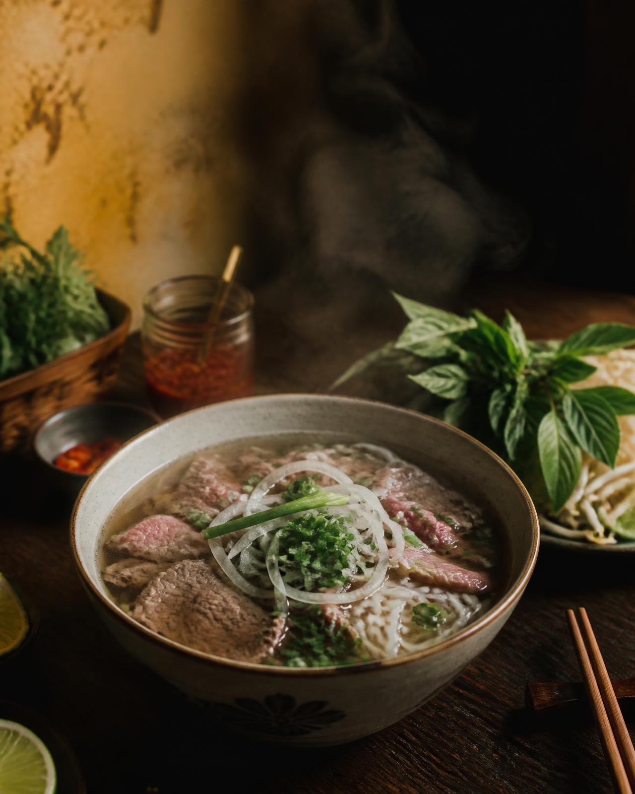 Miska vietnamské polévky phở na dřevěném stole